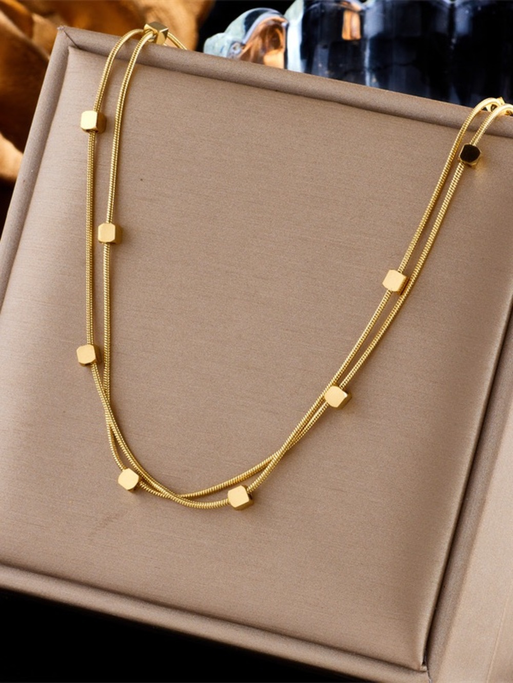 Gold Cube Accent Layered Necklace - Women Jewelry